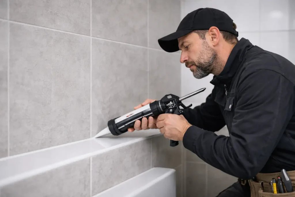 Fugespecialist monterer fugemasse på væg