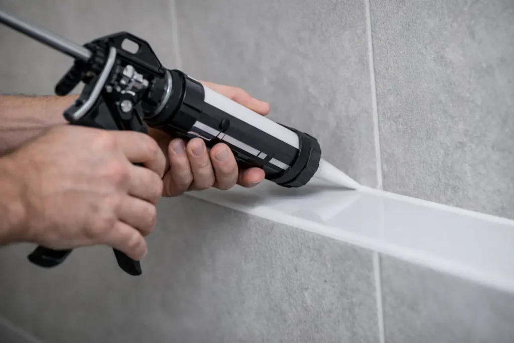 Fugemontør fuger fliser i badeværelse