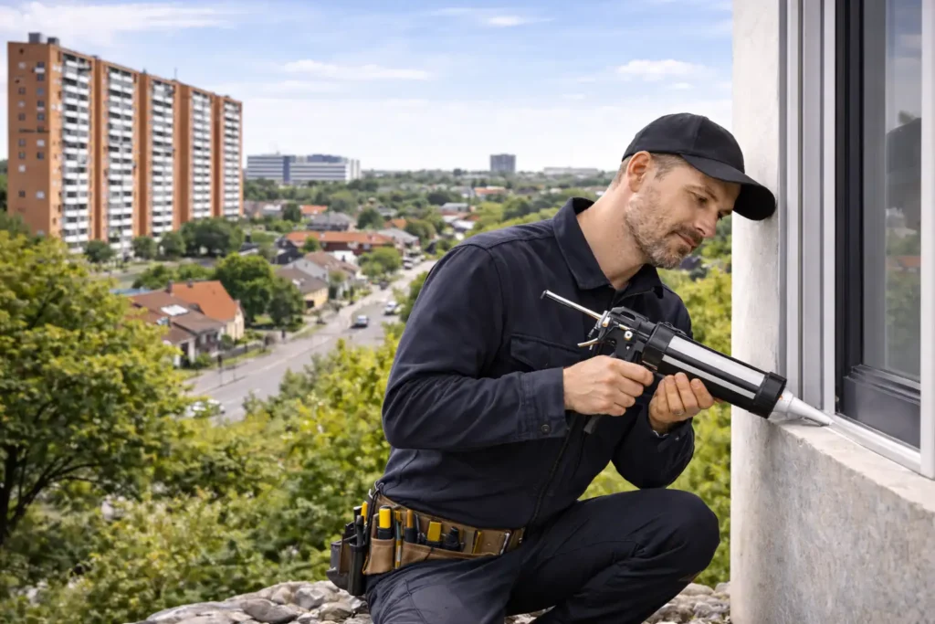 Fugemontør med værktøj ved vindue